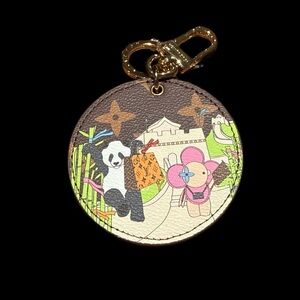 Louis Vuitton Brown Monogram Panda & Pink Flower Round Charm with Gold Hardware